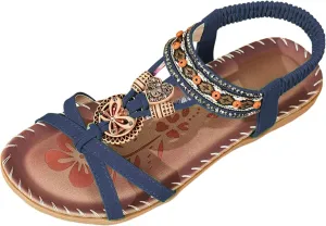 Women's Bohemian Sandals Summer Casual Slip On Low Heel Comfortable Beach Walking Shoes with Arch Support