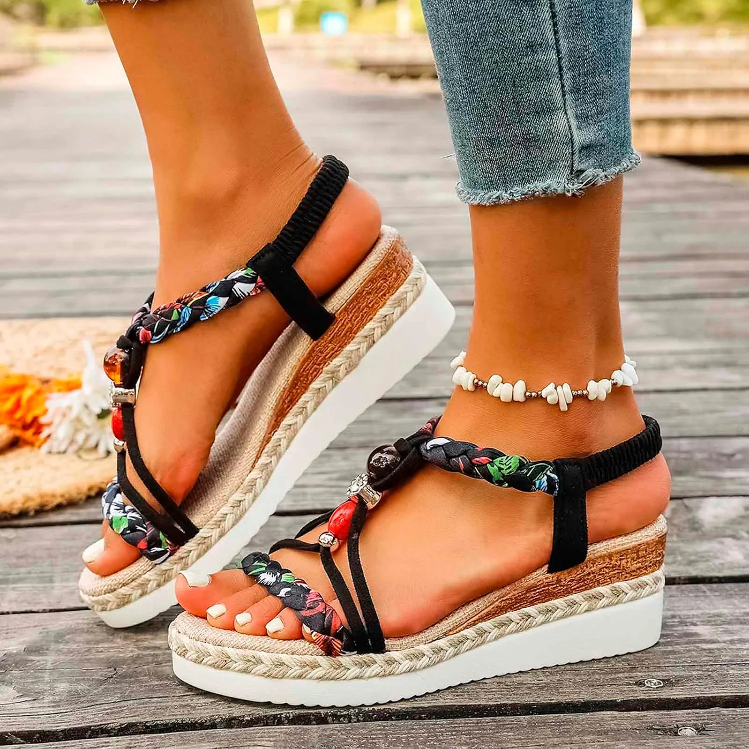Women's Breathable Open Toe Slip On Sandals Comfortable Wedge Heel Shoes for Beach Walking Casual Daily Wear