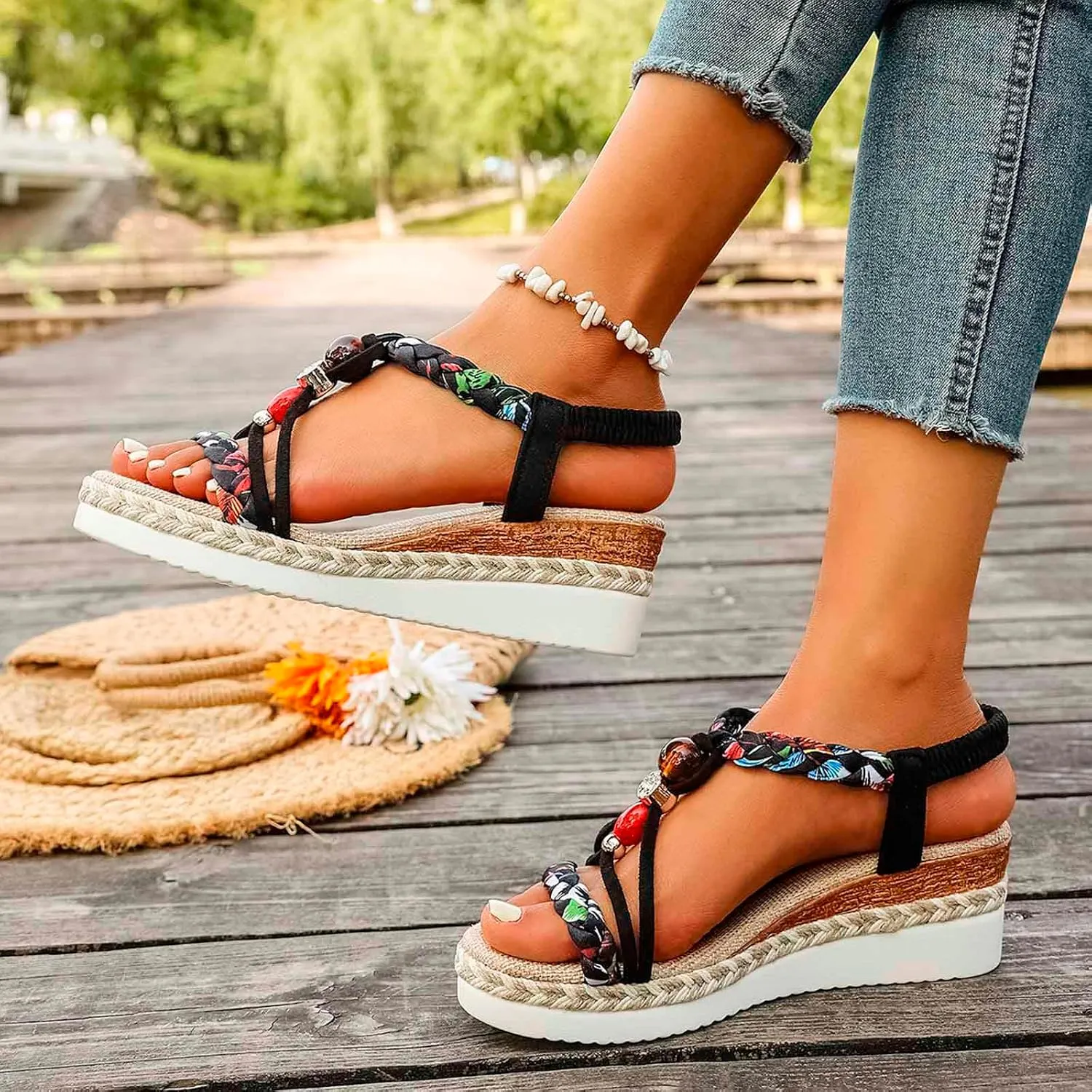 Women's Breathable Open Toe Slip On Sandals Comfortable Wedge Heel Shoes for Beach Walking Casual Daily Wear