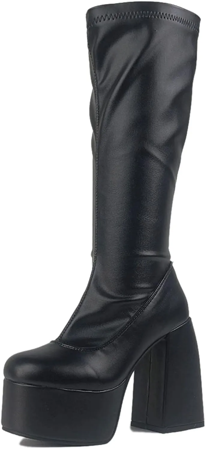 Women's Chunky Heel Knee High Platform Boots