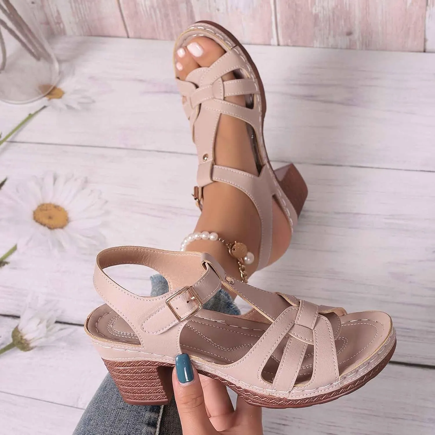 Women's Chunky Heel Sandals 2025 Trendy Open Toe Comfortable Slip On Casual Dressy Wedge Shoes for Spring Summer