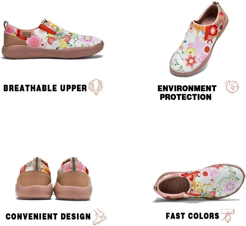 Women's Comfort Travel Loafers Slip On Microfiber Nurse Shoes Cherry Blossoms Painted Sneakers