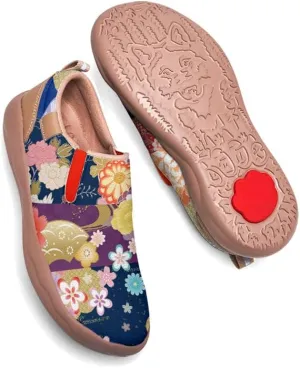 Women's Comfort Travel Loafers Slip On Microfiber Nurse Shoes Cherry Blossoms Painted Sneakers