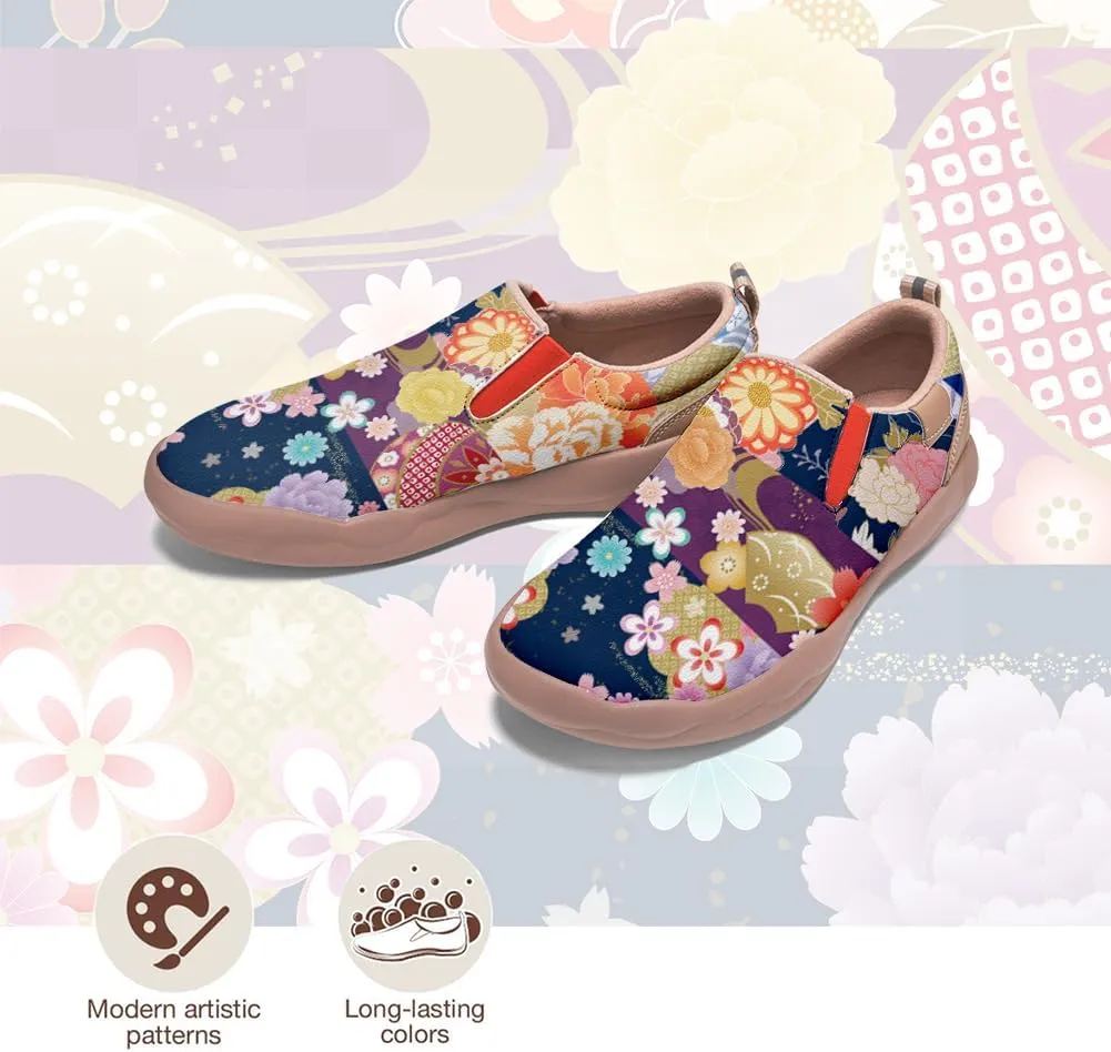 Women's Comfort Travel Loafers Slip On Microfiber Nurse Shoes Cherry Blossoms Painted Sneakers