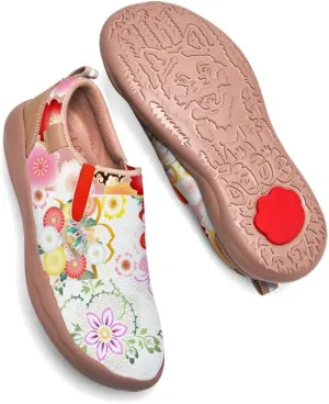 Women's Comfort Travel Loafers Slip On Microfiber Nurse Shoes Cherry Blossoms Painted Sneakers