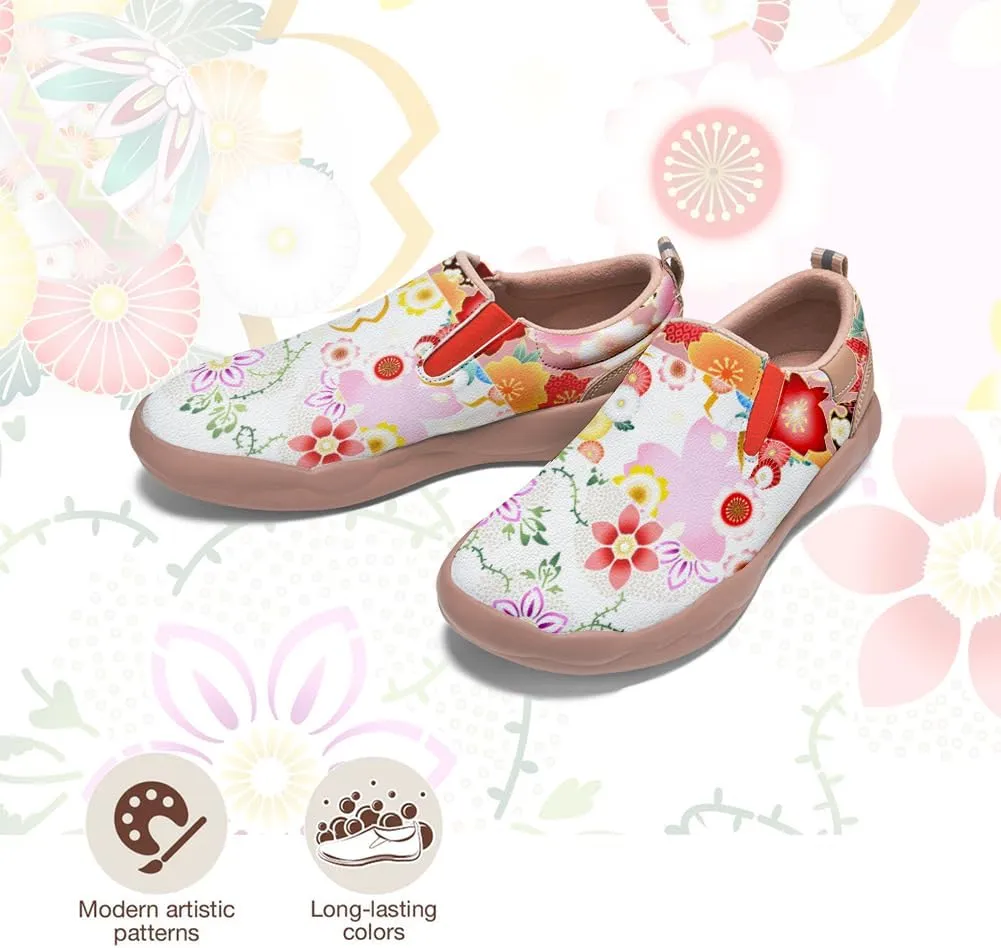 Women's Comfort Travel Loafers Slip On Microfiber Nurse Shoes Cherry Blossoms Painted Sneakers