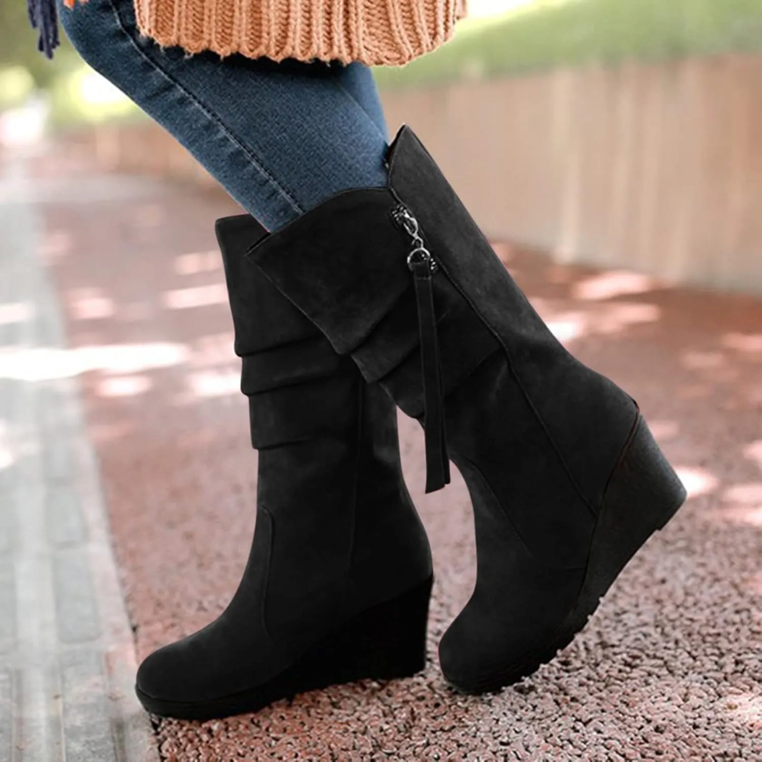 Women's Fashion Mid Calf Boots Winter Solid Wedge Boots Plush Insulated Snow Boots Leather Wedge Boots