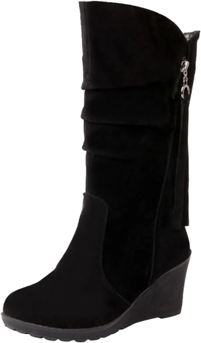 Women's Fashion Mid Calf Boots Winter Solid Wedge Boots Plush Insulated Snow Boots Leather Wedge Boots