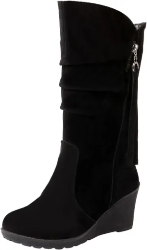 Women's Fashion Mid Calf Boots Winter Solid Wedge Boots Plush Insulated Snow Boots Leather Wedge Boots