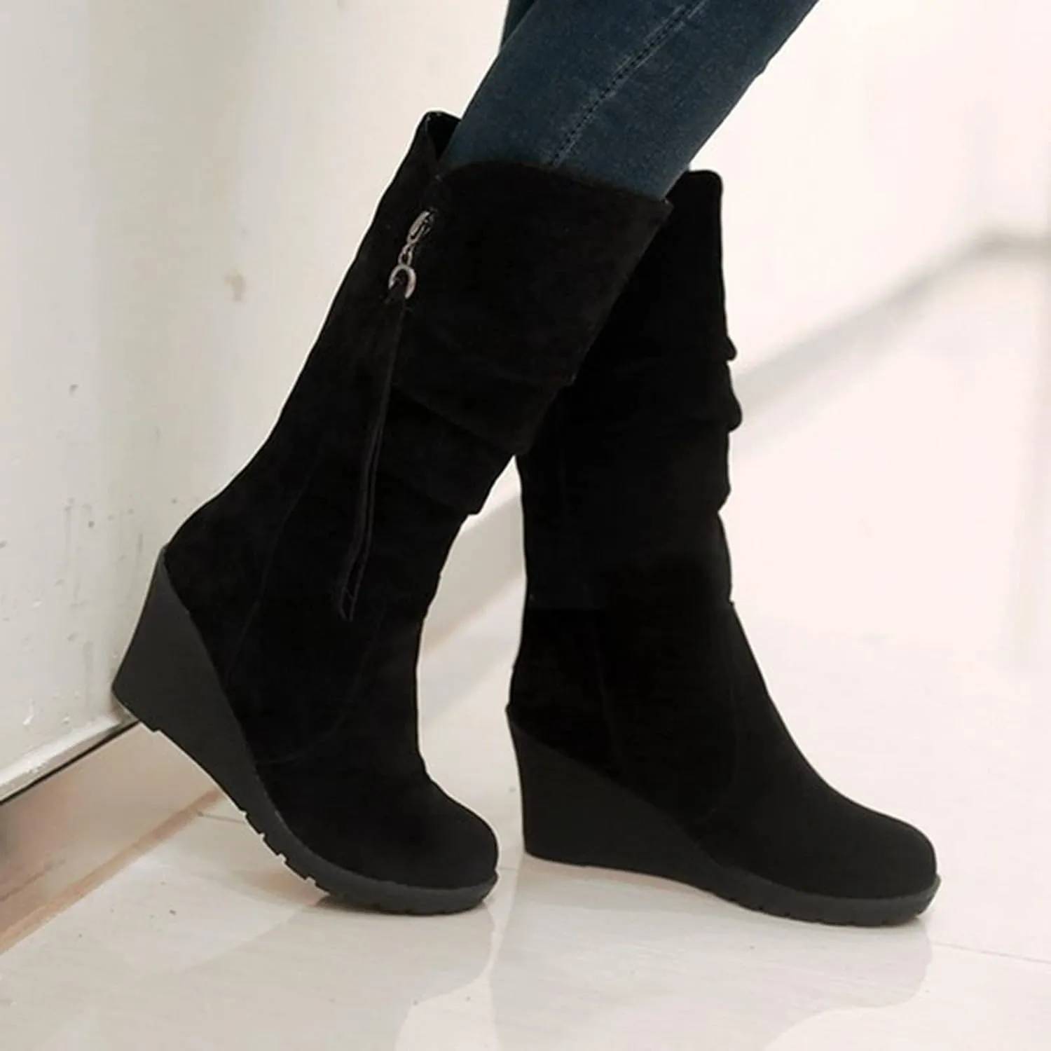 Women's Fashion Mid Calf Boots Winter Solid Wedge Boots Plush Insulated Snow Boots Leather Wedge Boots