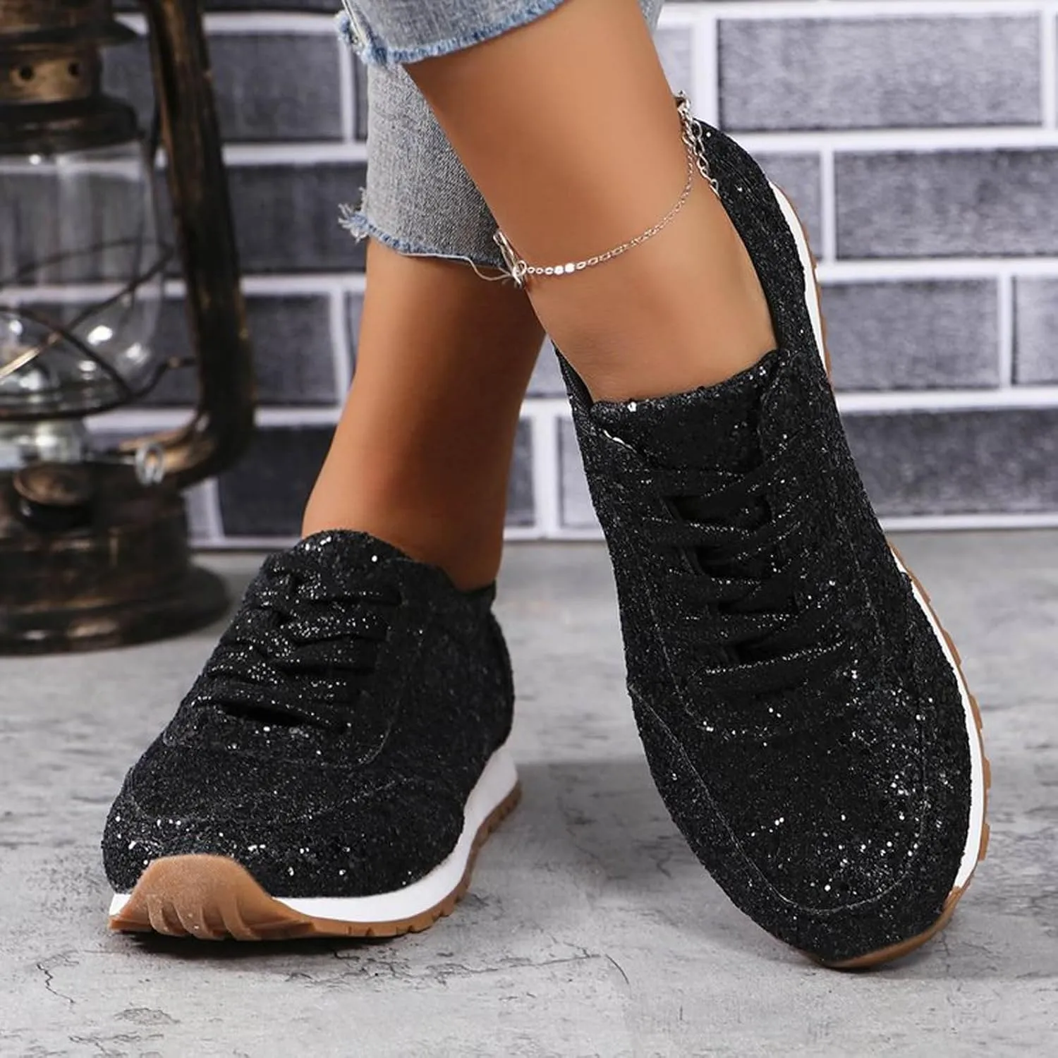Women's Fashion Sequins Casual Lace Up Sport Shoes Sneakers Glitter Breathable Crystal Bling Ladies Running Shoes Womens Casual Shoes 7