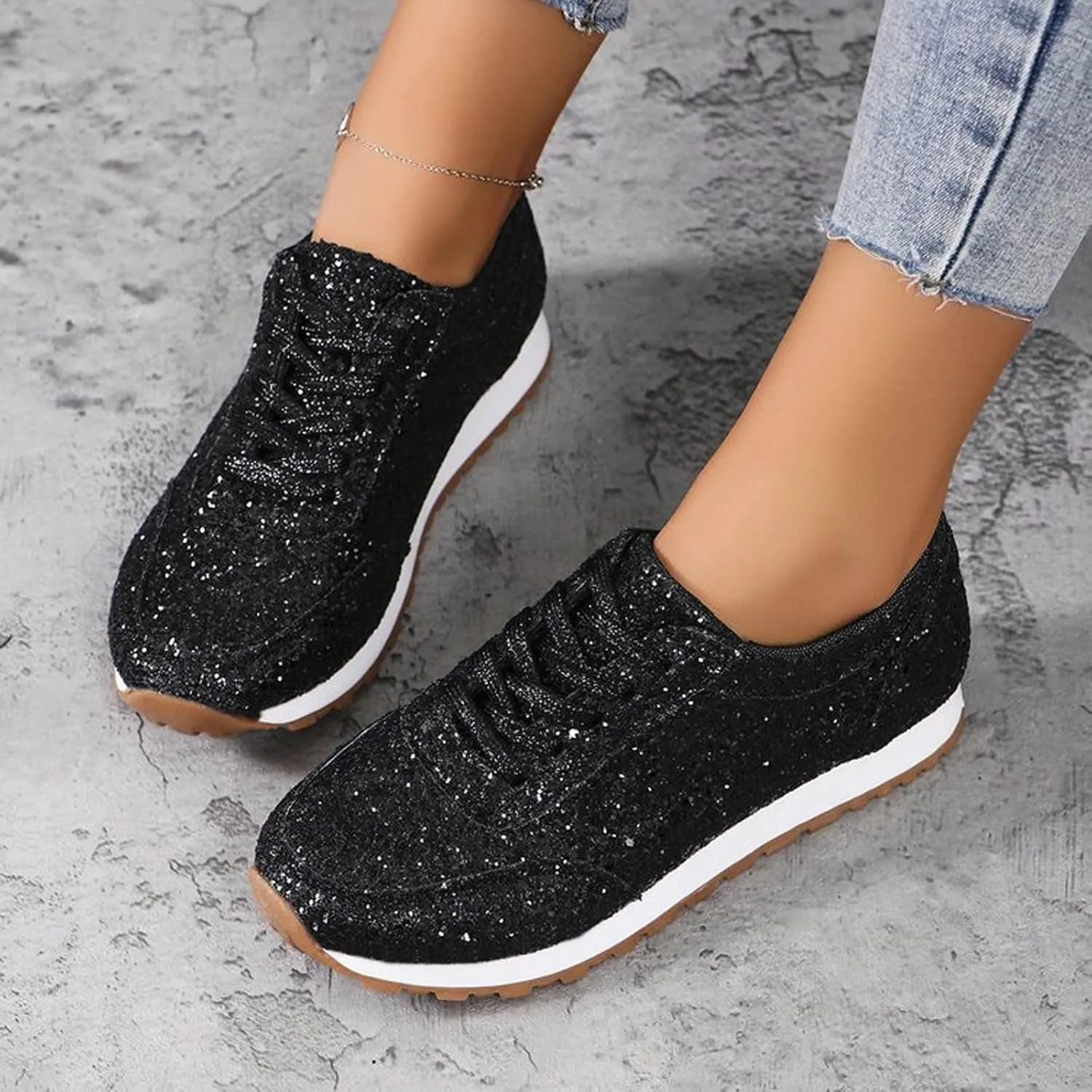Women's Fashion Sequins Casual Lace Up Sport Shoes Sneakers Glitter Breathable Crystal Bling Ladies Running Shoes Womens Casual Shoes 7