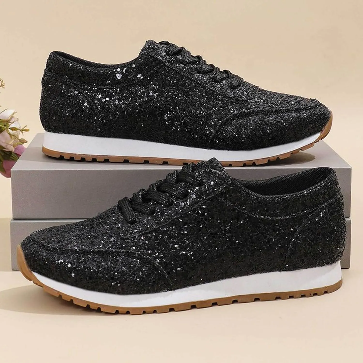 Women's Fashion Sequins Casual Lace Up Sport Shoes Sneakers Glitter Breathable Crystal Bling Ladies Running Shoes Womens Casual Shoes 7