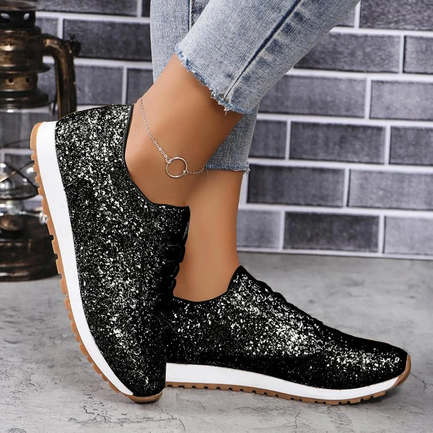 Women's Fashion Sequins Casual Lace Up Sport Shoes Sneakers Glitter Breathable Crystal Bling Ladies Running Shoes Womens Casual Shoes 7