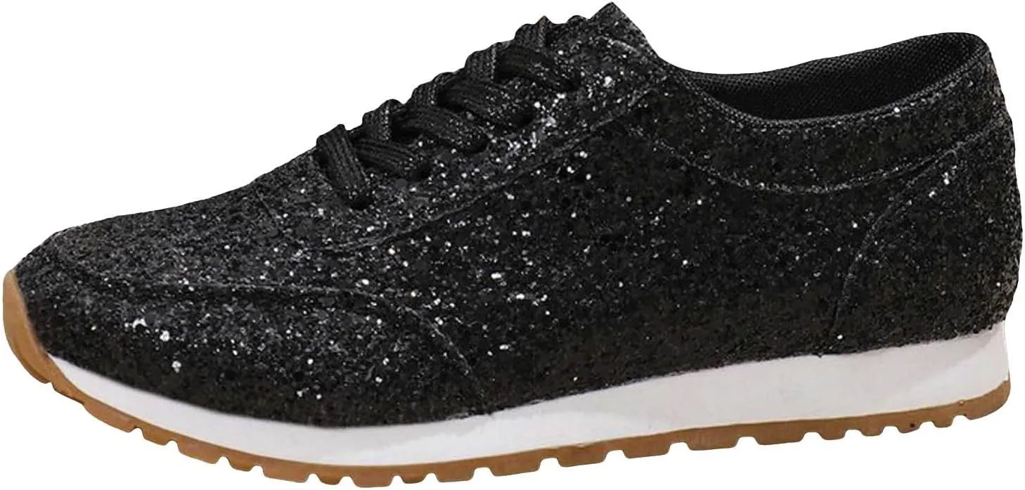 Women's Fashion Sequins Casual Lace Up Sport Shoes Sneakers Glitter Breathable Crystal Bling Ladies Running Shoes Womens Casual Shoes 7