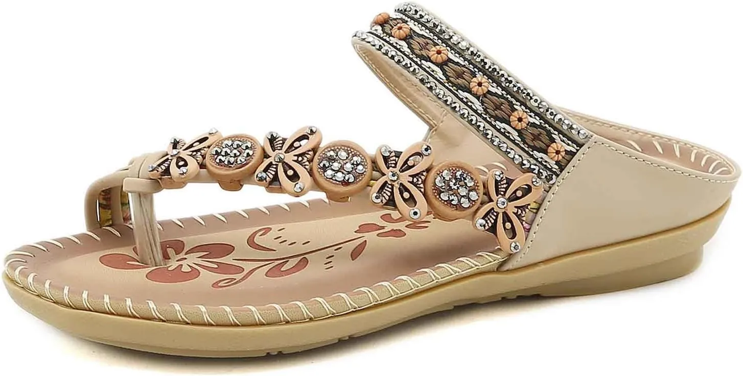 Women's Flat Sandals Comfortable Bohemian Beaded Slip On Casual Summer Beach Thong Flip Flops for Daily Wear