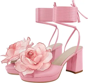 Women's Flower Block High Heels Ankle Wrap Platform Heeled Sandals