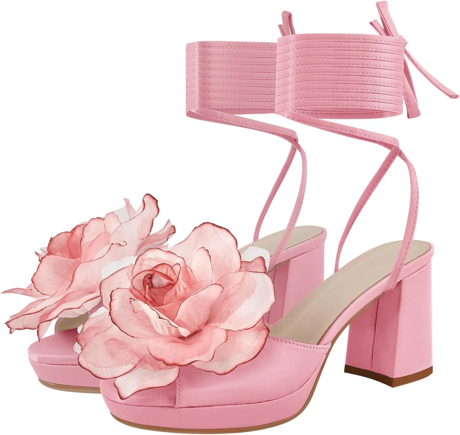 Women's Flower Block High Heels Ankle Wrap Platform Heeled Sandals