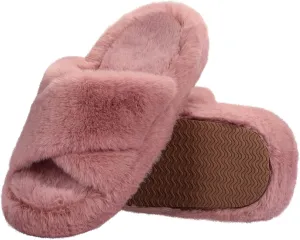 Women's Fuzzy Slippers Cross Band Memory Foam House Slippers Open Toe Plush Comfy Faux Fur Lined Slide Shoes Anti-Skid Sole