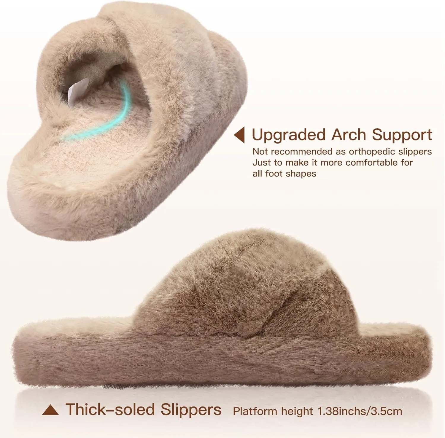 Women's Fuzzy Slippers Cross Band Memory Foam House Slippers Open Toe Plush Comfy Faux Fur Lined Slide Shoes Anti-Skid Sole