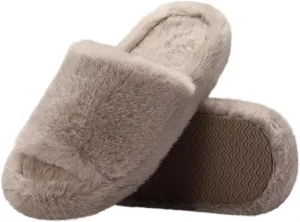 Women's Fuzzy Slippers Cross Band Memory Foam House Slippers Open Toe Plush Comfy Faux Fur Lined Slide Shoes Anti-Skid Sole
