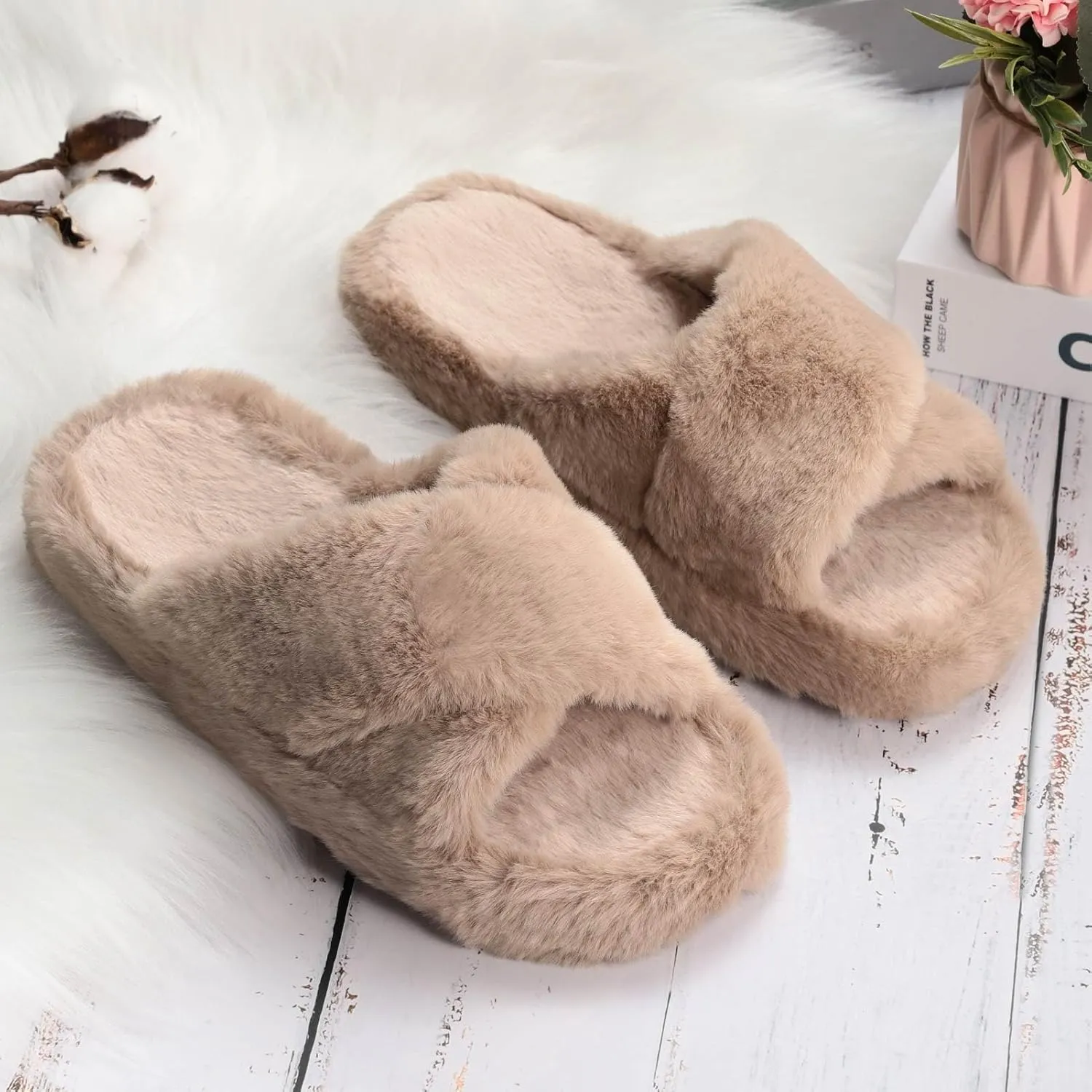 Women's Fuzzy Slippers Cross Band Memory Foam House Slippers Open Toe Plush Comfy Faux Fur Lined Slide Shoes Anti-Skid Sole