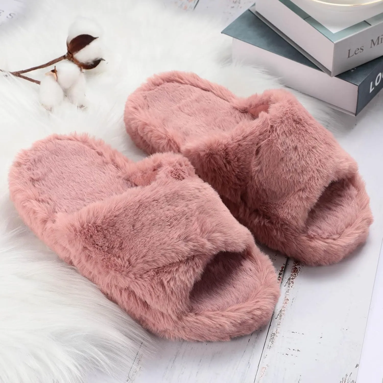Women's Fuzzy Slippers Cross Band Memory Foam House Slippers Open Toe Plush Comfy Faux Fur Lined Slide Shoes Anti-Skid Sole