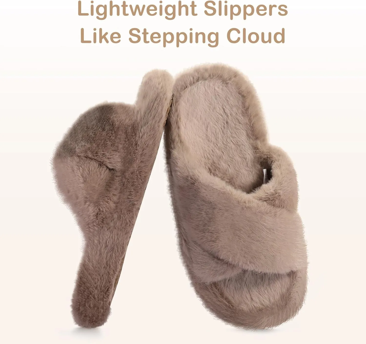 Women's Fuzzy Slippers Cross Band Memory Foam House Slippers Open Toe Plush Comfy Faux Fur Lined Slide Shoes Anti-Skid Sole