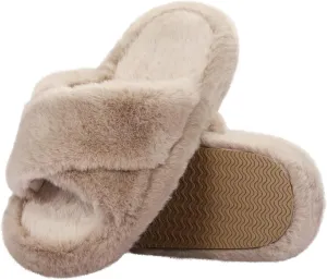 Women's Fuzzy Slippers Cross Band Memory Foam House Slippers Open Toe Plush Comfy Faux Fur Lined Slide Shoes Anti-Skid Sole