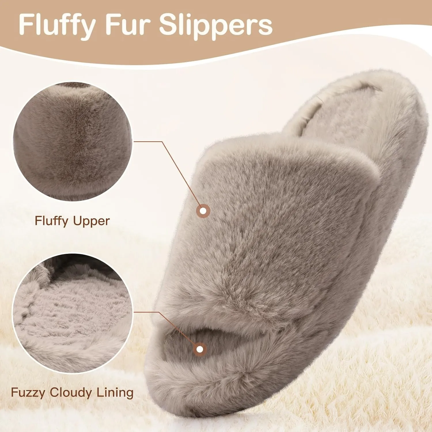Women's Fuzzy Slippers Cross Band Memory Foam House Slippers Open Toe Plush Comfy Faux Fur Lined Slide Shoes Anti-Skid Sole