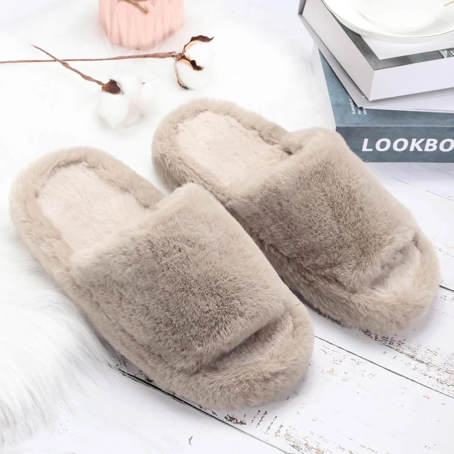 Women's Fuzzy Slippers Cross Band Memory Foam House Slippers Open Toe Plush Comfy Faux Fur Lined Slide Shoes Anti-Skid Sole