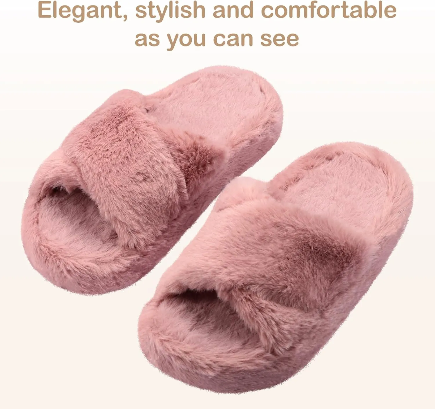 Women's Fuzzy Slippers Cross Band Memory Foam House Slippers Open Toe Plush Comfy Faux Fur Lined Slide Shoes Anti-Skid Sole