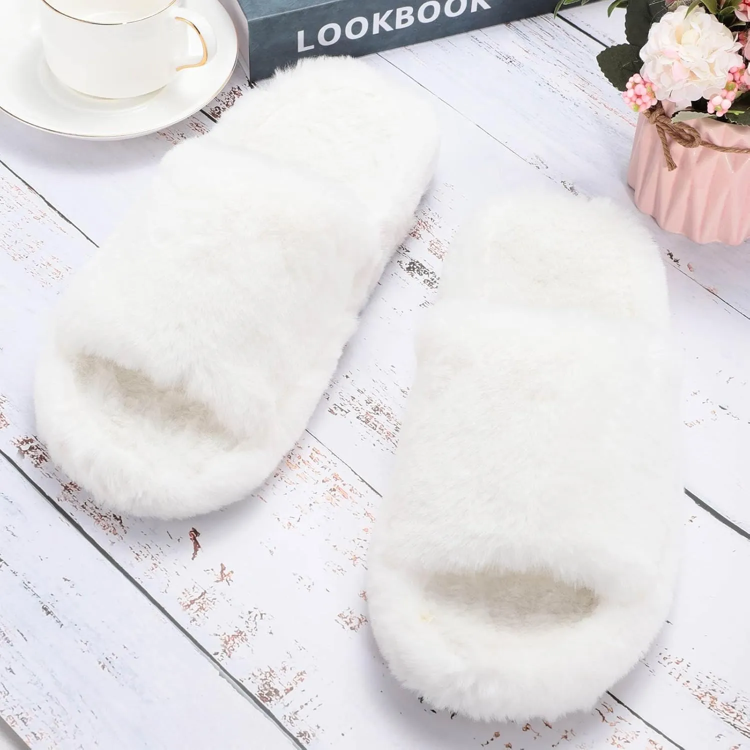 Women's Fuzzy Slippers Cross Band Memory Foam House Slippers Open Toe Plush Comfy Faux Fur Lined Slide Shoes Anti-Skid Sole