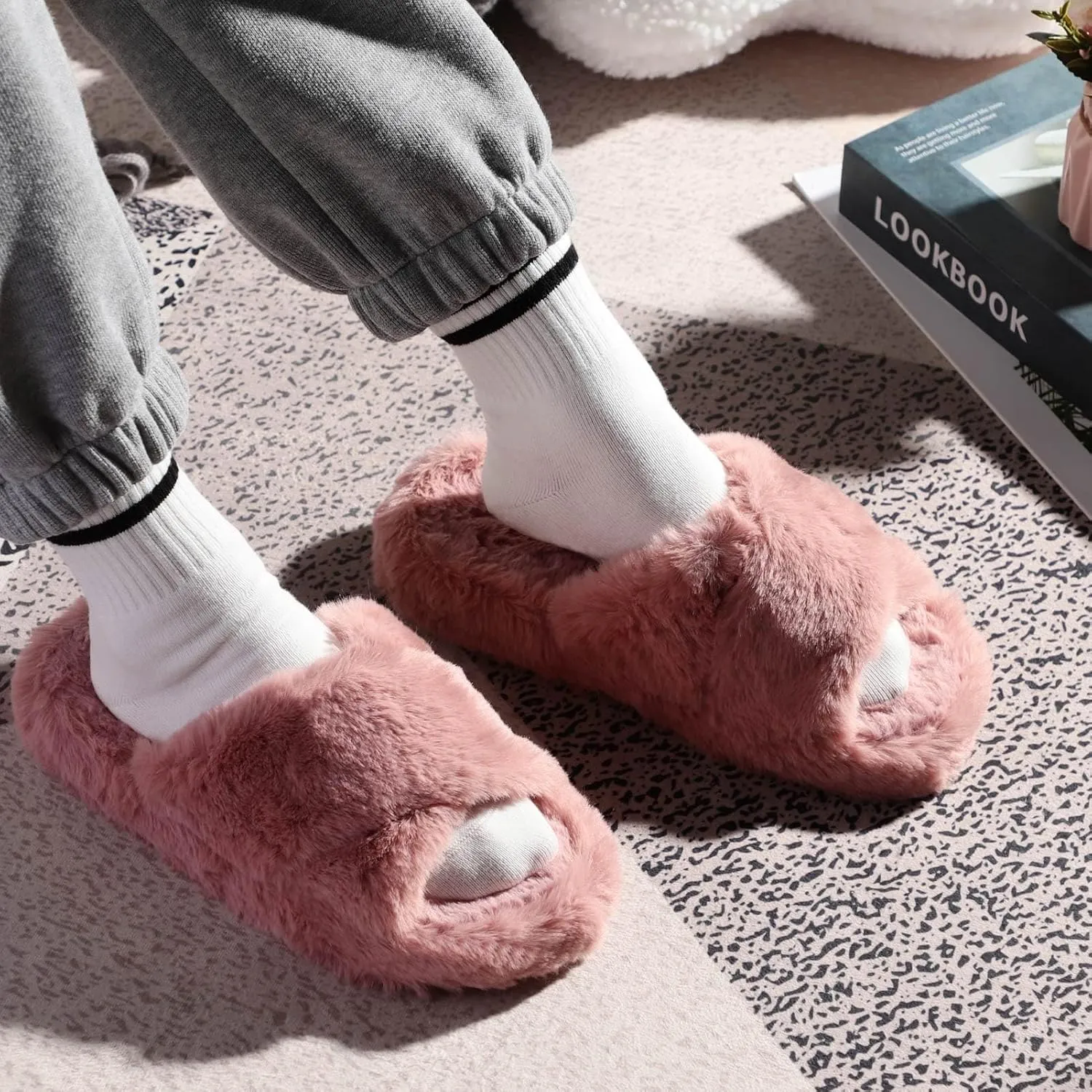 Women's Fuzzy Slippers Cross Band Memory Foam House Slippers Open Toe Plush Comfy Faux Fur Lined Slide Shoes Anti-Skid Sole