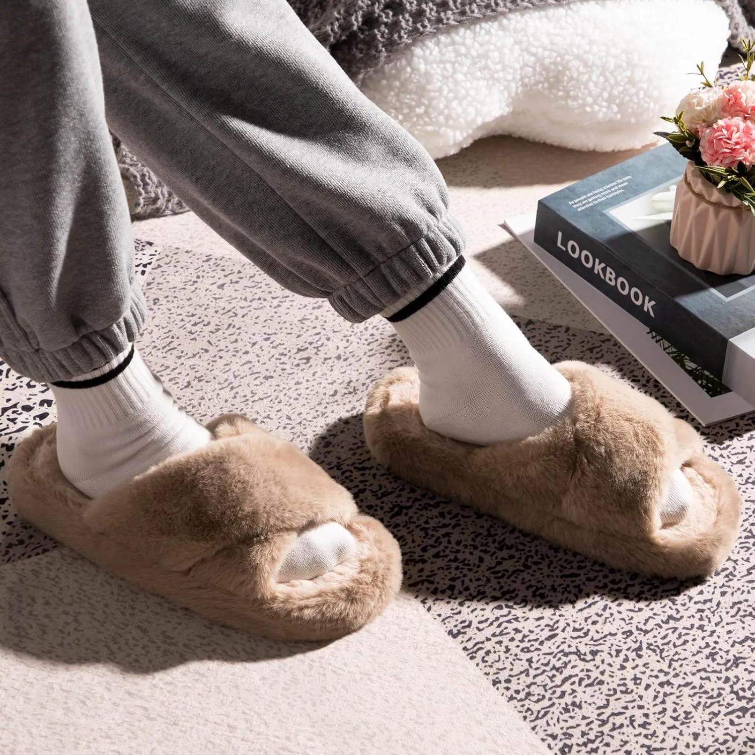 Women's Fuzzy Slippers Cross Band Memory Foam House Slippers Open Toe Plush Comfy Faux Fur Lined Slide Shoes Anti-Skid Sole