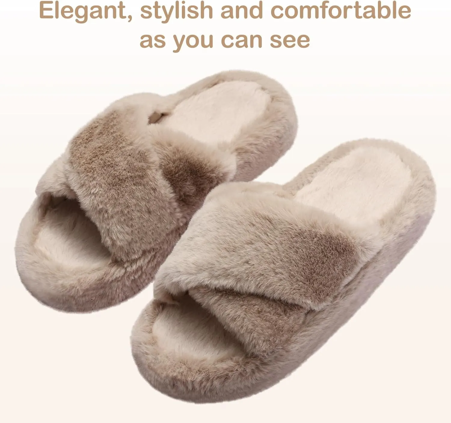 Women's Fuzzy Slippers Cross Band Memory Foam House Slippers Open Toe Plush Comfy Faux Fur Lined Slide Shoes Anti-Skid Sole