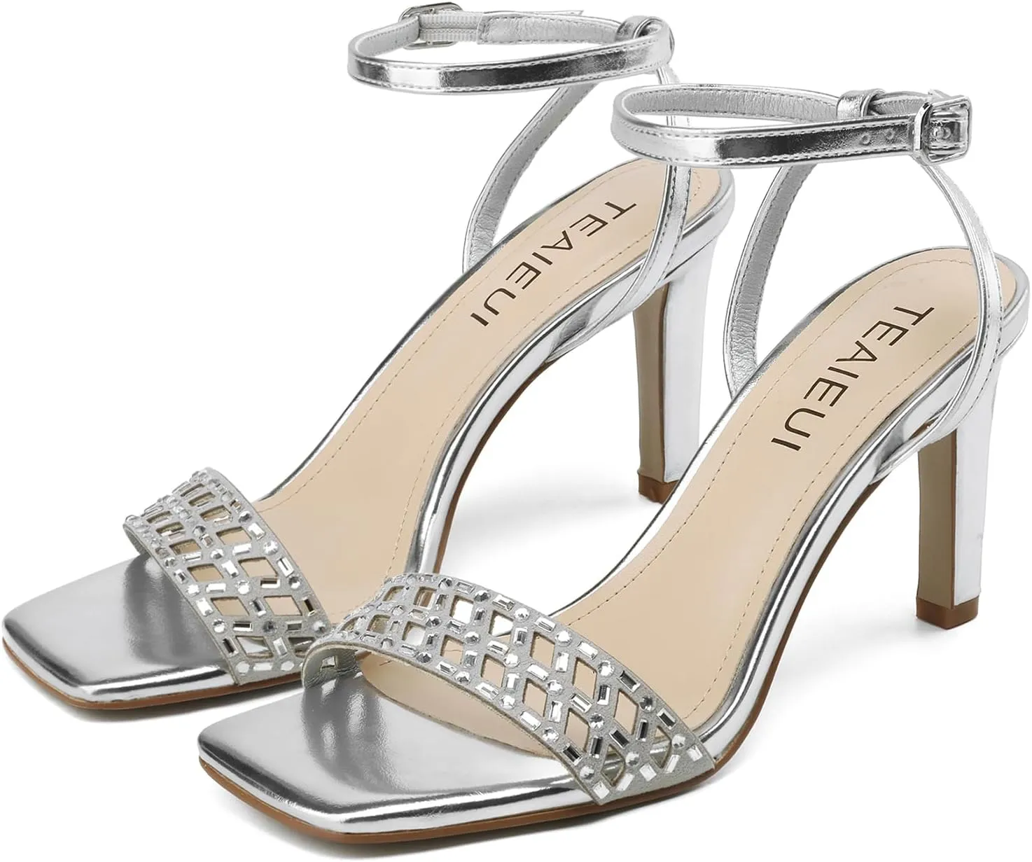 Womens Heeled Sandals Square Open Toe Ankle Strap Heels Rhinestone Strappy High Heels Sandals for Party Wedding Sandals