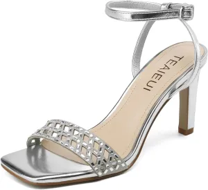 Womens Heeled Sandals Square Open Toe Ankle Strap Heels Rhinestone Strappy High Heels Sandals for Party Wedding Sandals
