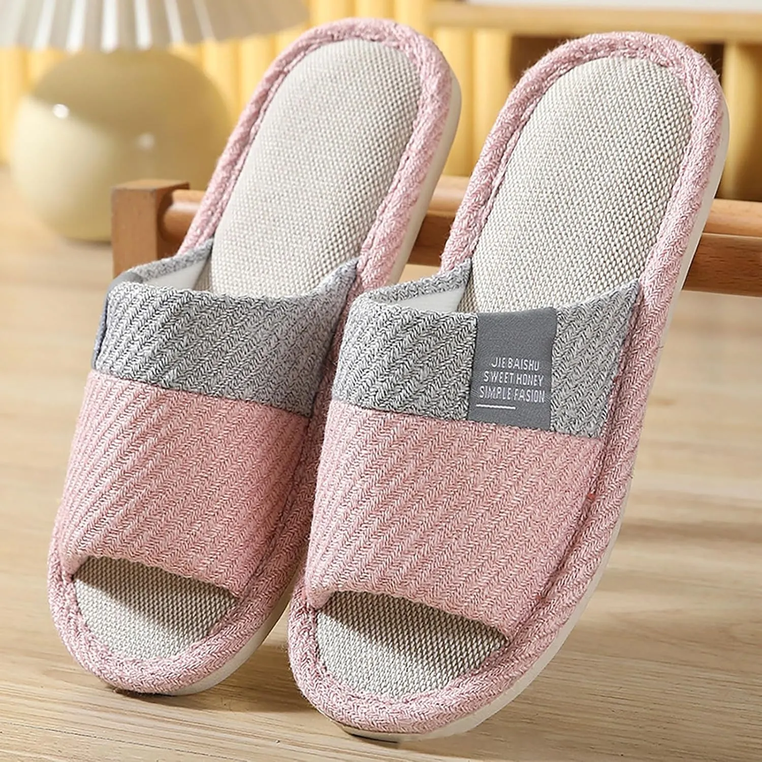 Women's Linen Slippers Breathable Open Toe Slippers Casual Our Seasons Wooden Slides for Women Adjustable