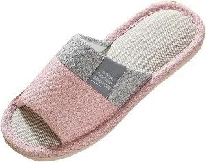 Women's Linen Slippers Breathable Open Toe Slippers Casual Our Seasons Wooden Slides for Women Adjustable