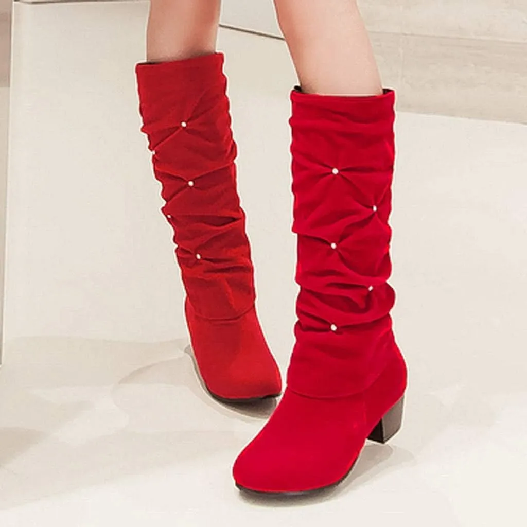 Womens Mid Calf Rhinestone Boots Fashion Round Toe Low Heel Knee High Riding Boot Soft Slouchy Boot Party Bling Shoes
