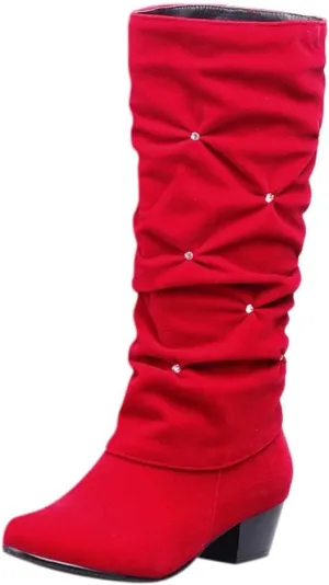 Womens Mid Calf Rhinestone Boots Fashion Round Toe Low Heel Knee High Riding Boot Soft Slouchy Boot Party Bling Shoes