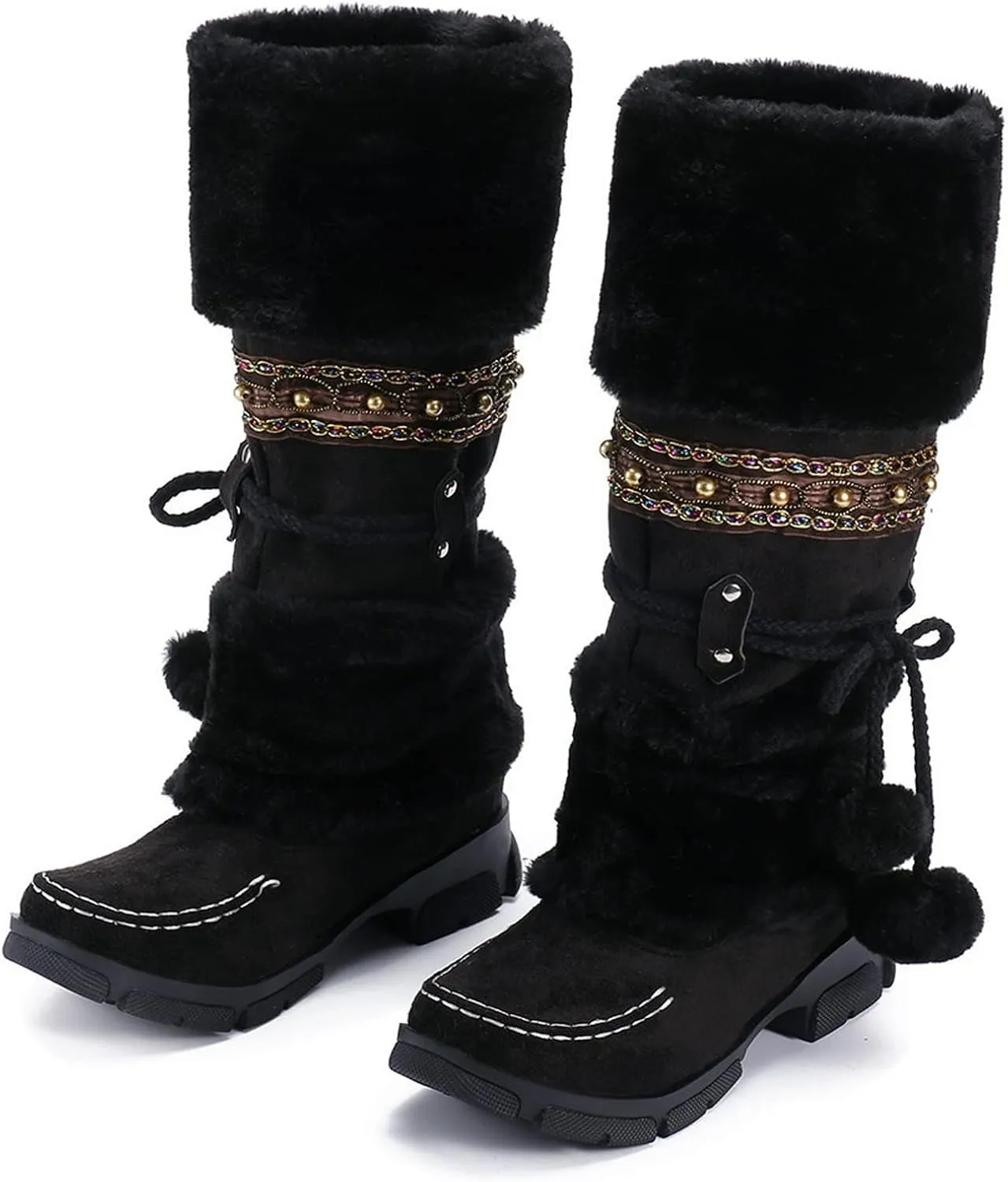 Womens Mid Calf Rhinestone Boots Fashion Round Toe Low Heel Knee High Riding Boot Soft Slouchy Boot Party Bling Shoes