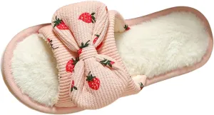 Women's Plus Velvet Slippers Sweet Bow Decoration Fuzzy Slippers Breathable Open Toe Fleece Slipper