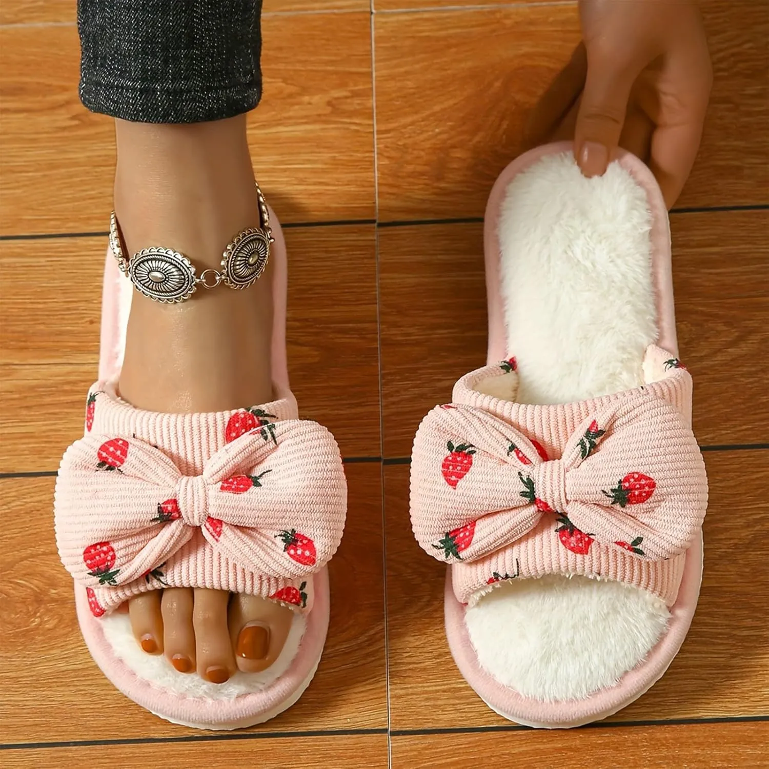 Women's Plus Velvet Slippers Sweet Bow Decoration Fuzzy Slippers Breathable Open Toe Fleece Slipper