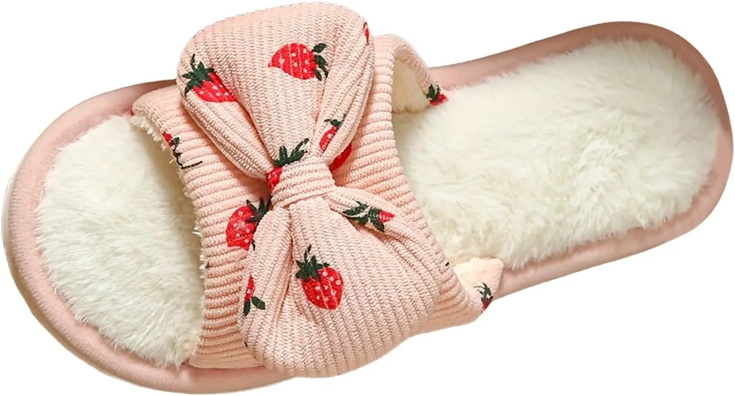 Women's Plus Velvet Slippers Sweet Bow Decoration Fuzzy Slippers Breathable Open Toe Fleece Slipper