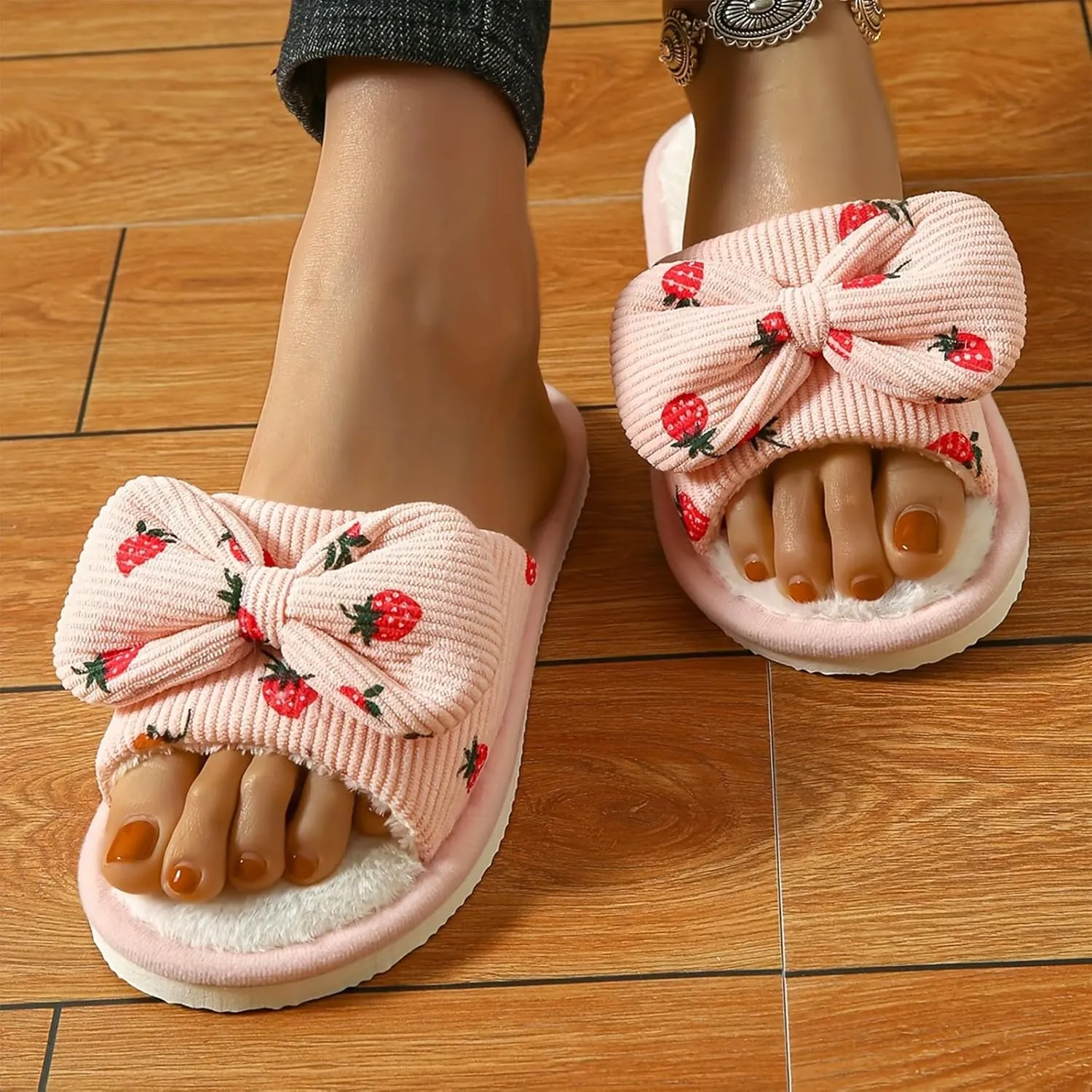 Women's Plus Velvet Slippers Sweet Bow Decoration Fuzzy Slippers Breathable Open Toe Fleece Slipper