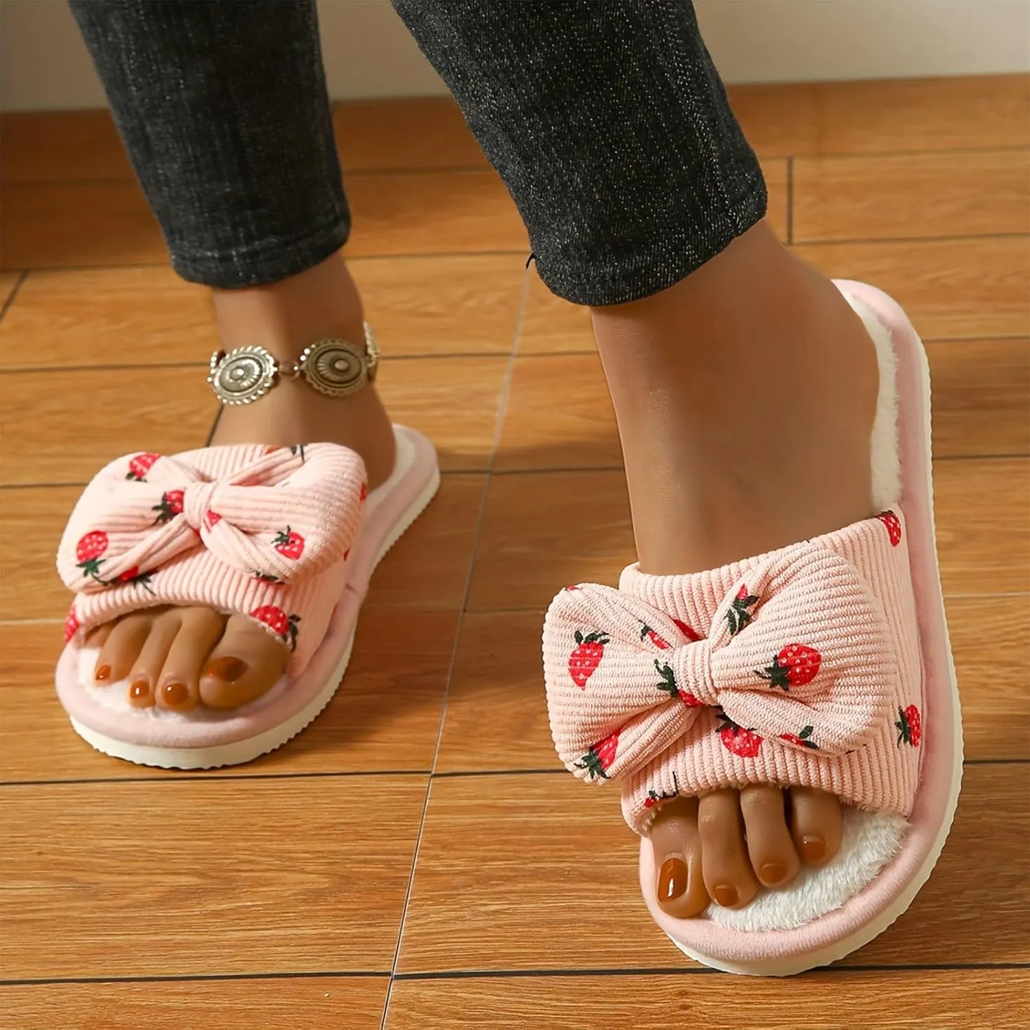 Women's Plus Velvet Slippers Sweet Bow Decoration Fuzzy Slippers Breathable Open Toe Fleece Slipper