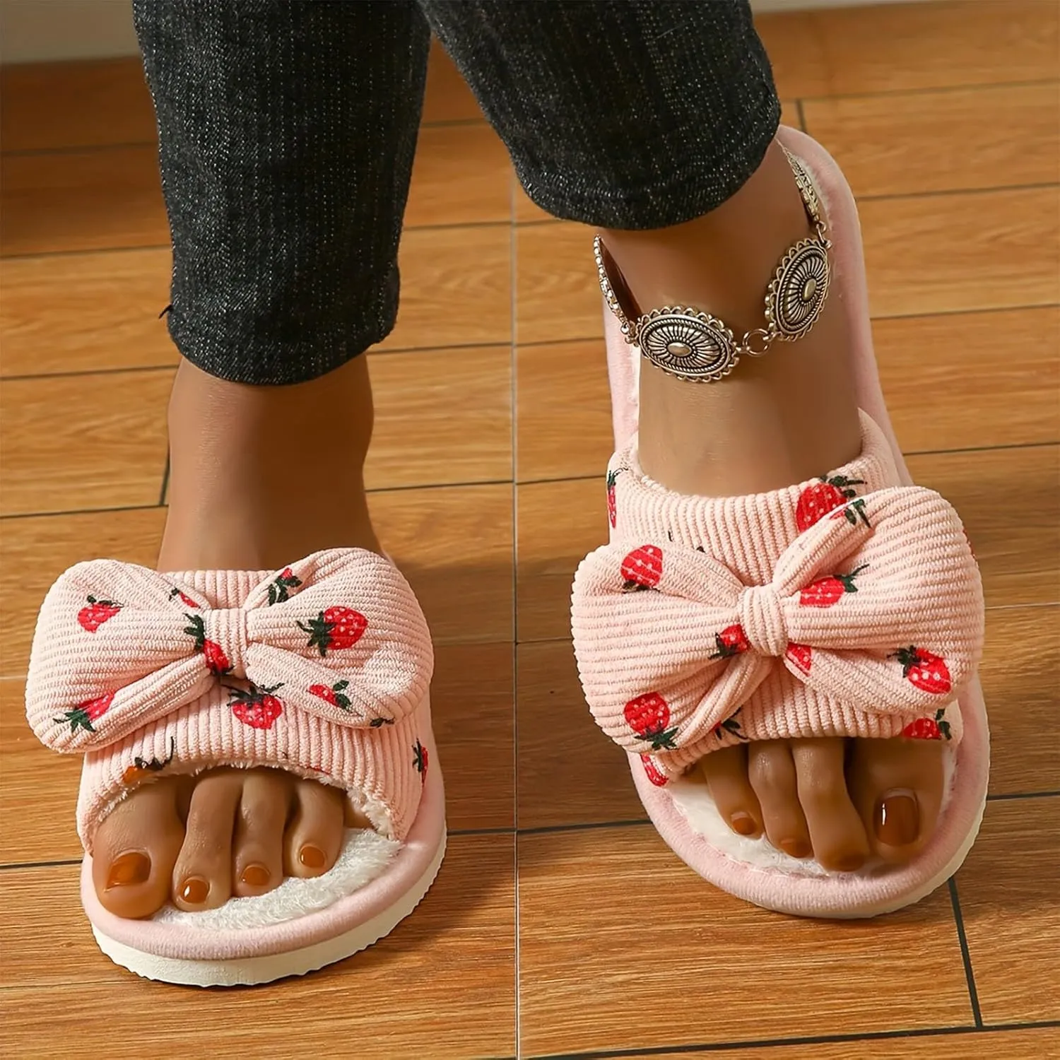 Women's Plus Velvet Slippers Sweet Bow Decoration Fuzzy Slippers Breathable Open Toe Fleece Slipper