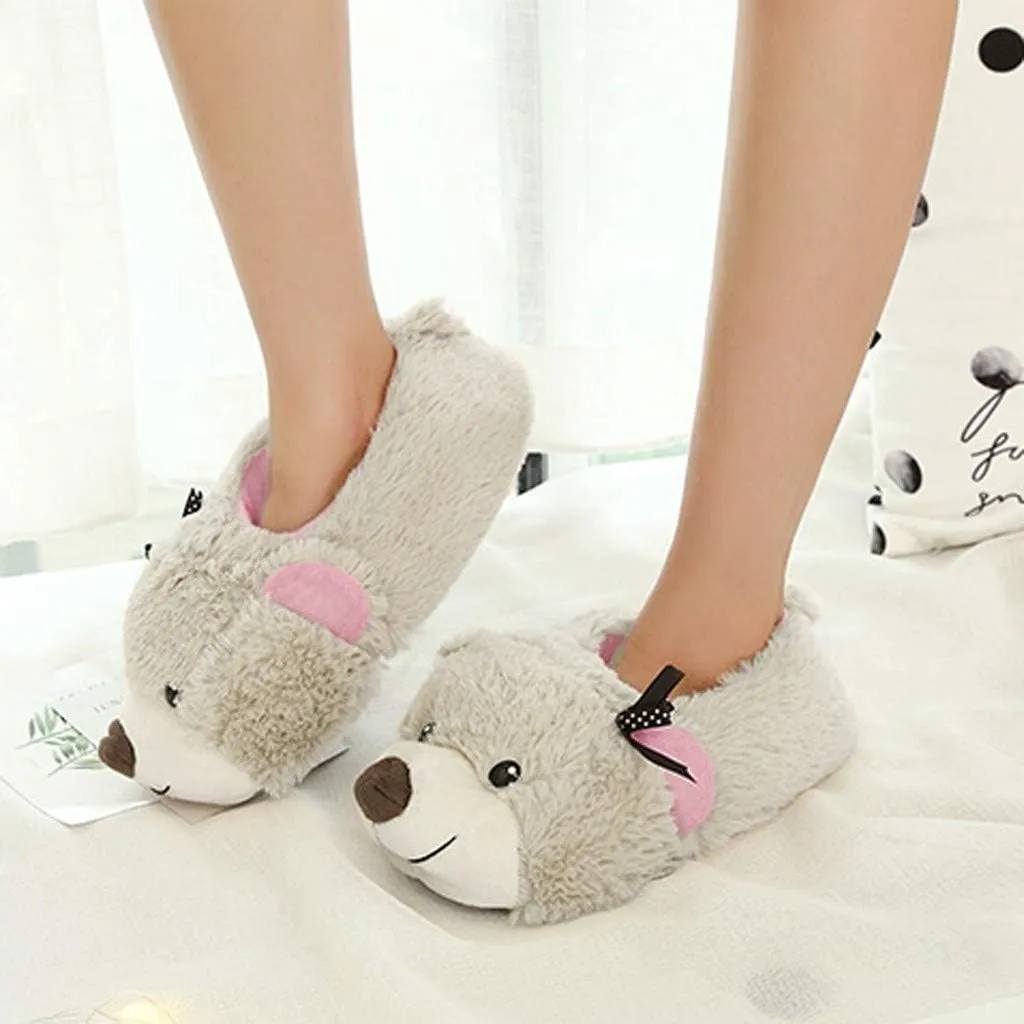 Women's Plush Boot Slippers Cute Bear Full Covered Slippers Winter Warm Womens Open Toe Adjustable